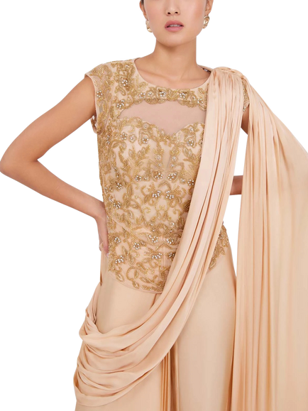 Raishma Anika Floral Embellished Sleeveless Gown, Gold - view 2, Gold