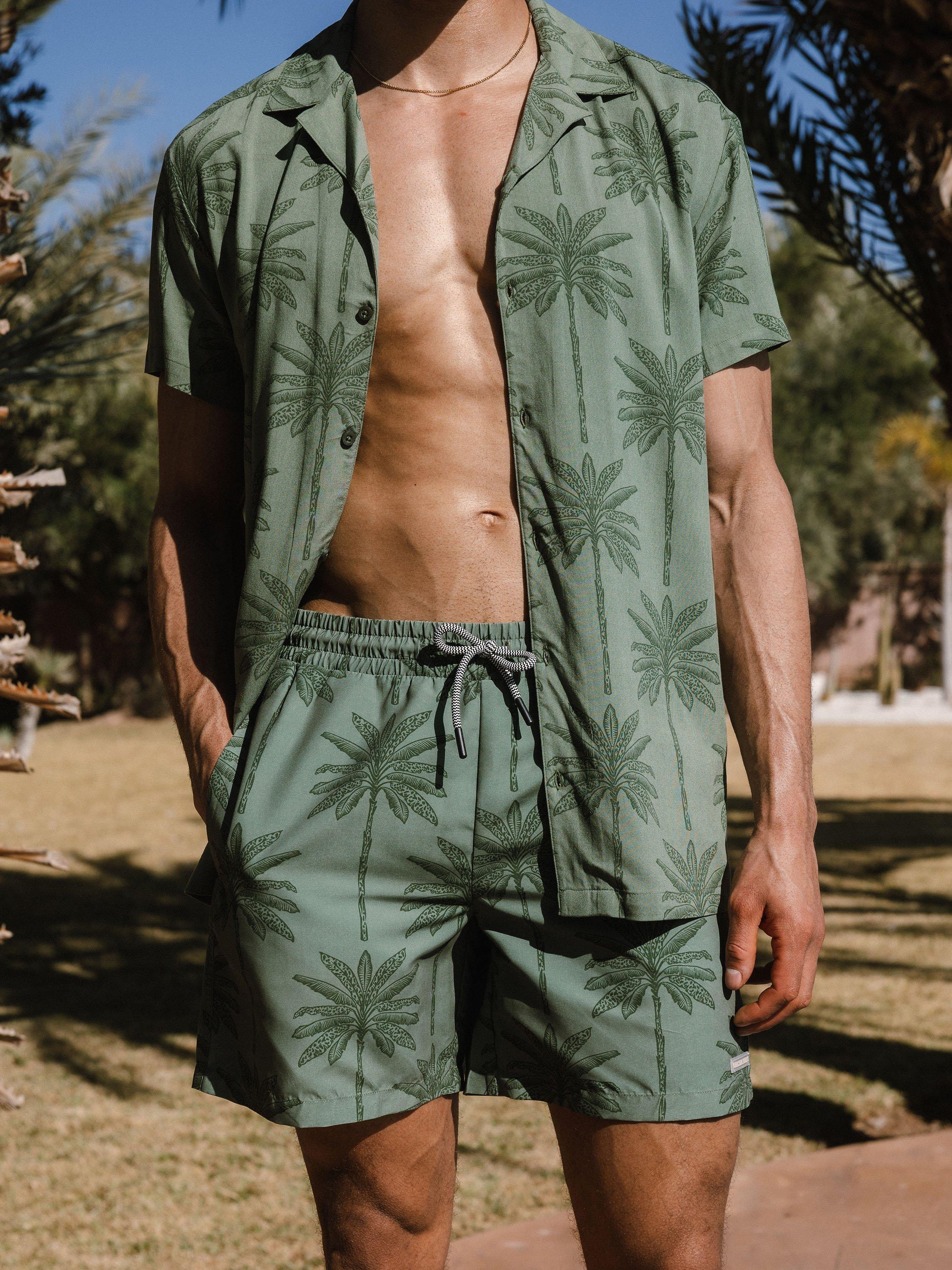 Product image 2 of 6, which shows Chelsea Peers Short Sleeve Palm Print Shirt, Khaki, L