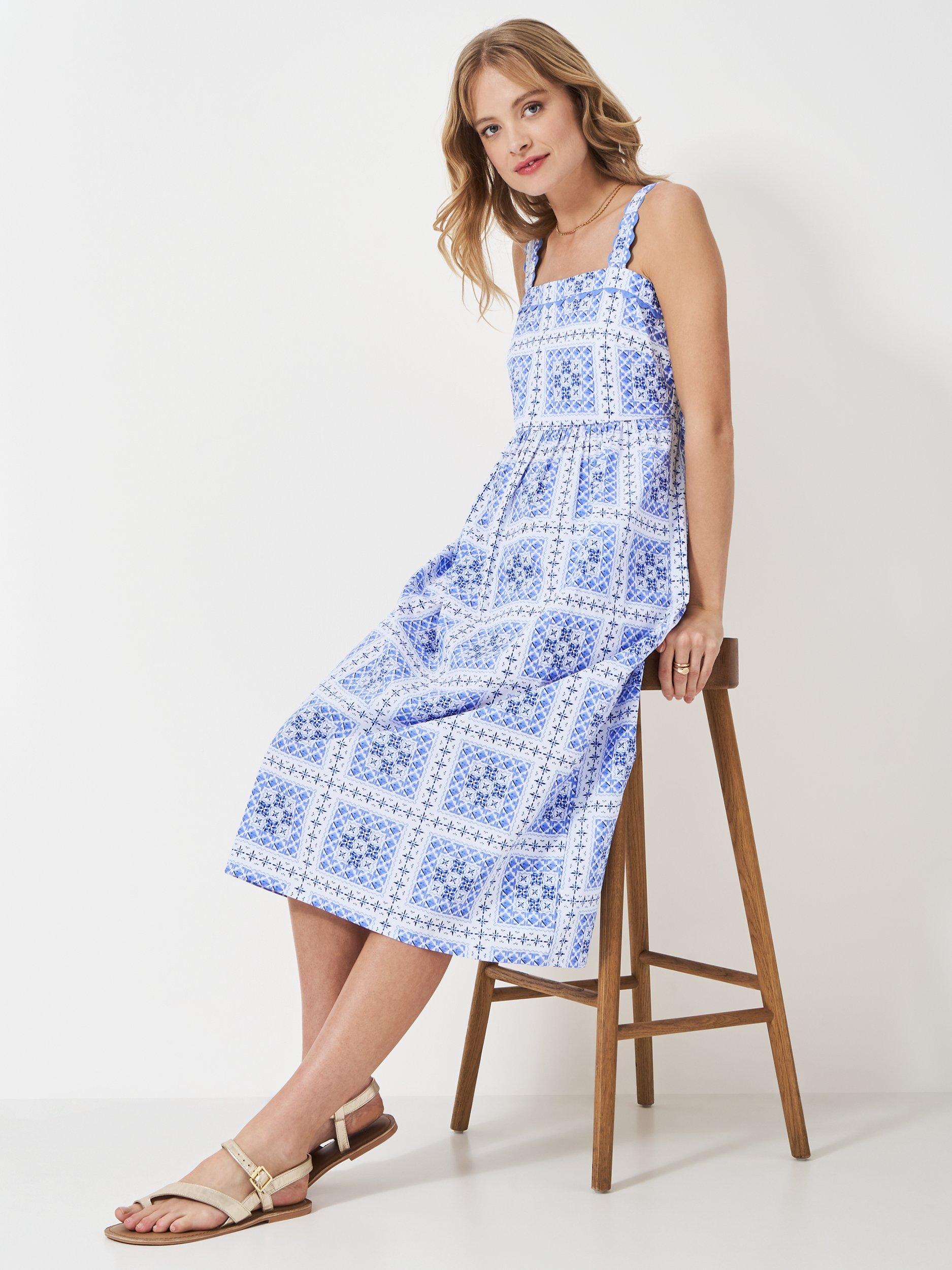 Product image 2 of 5, which shows Crew Clothing Paloma Tile Print Strappy Dress, Light Blue, 10