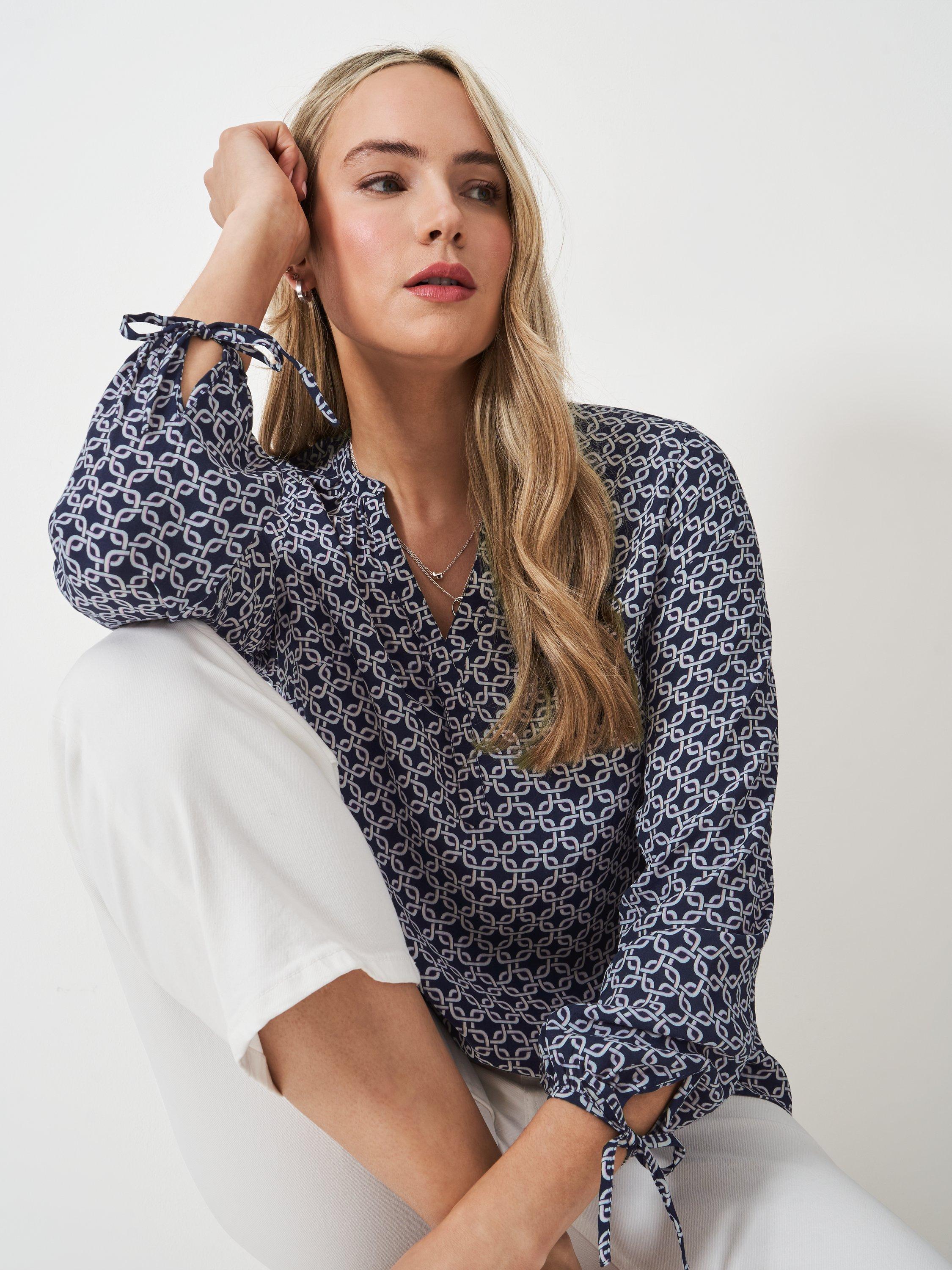 Product image 2 of 5, which shows Crew Clothing Tilly Abstract Long Sleeve Blouse, Multi Blue, 10