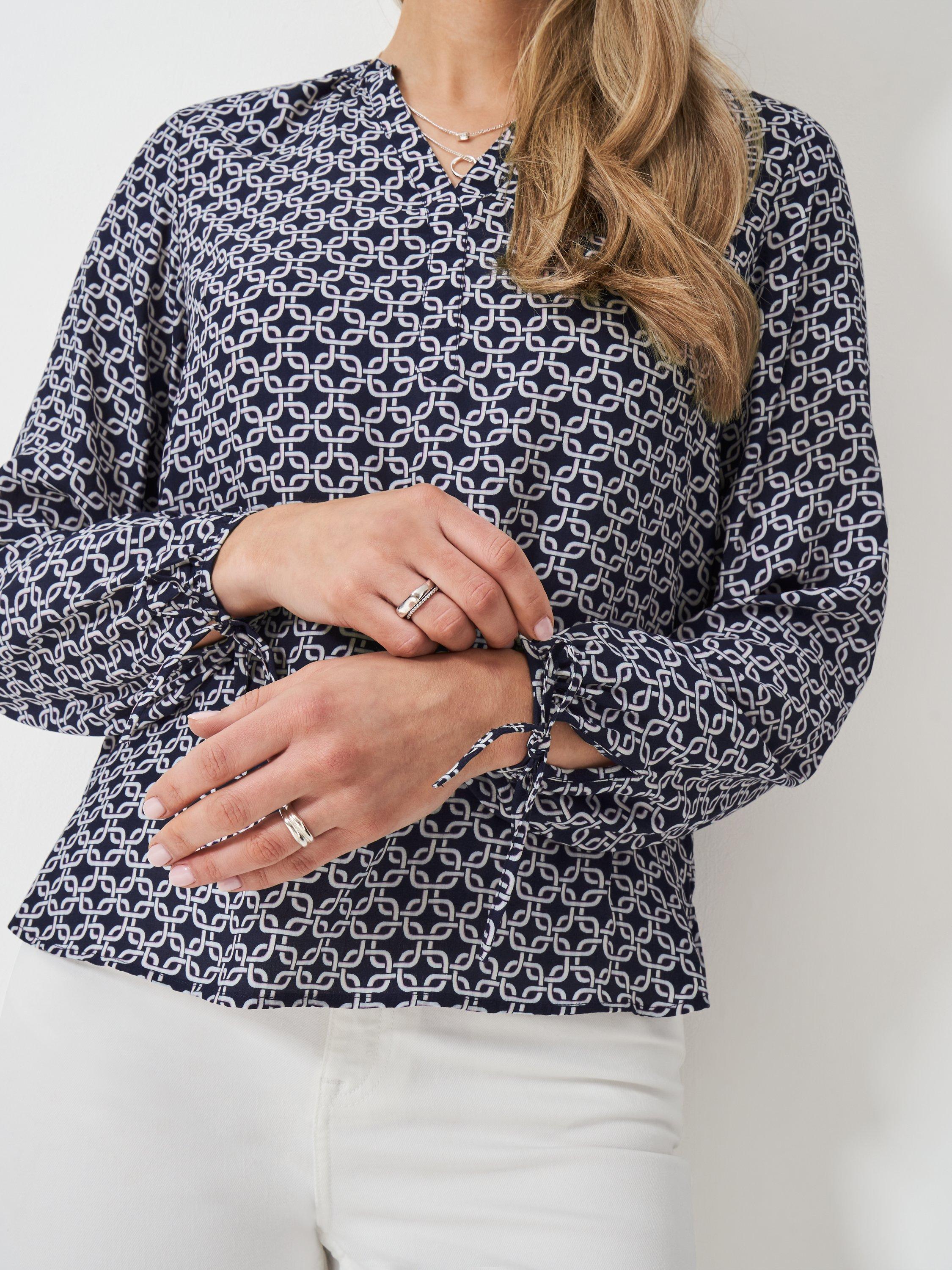 Product image 4 of 5, which shows Crew Clothing Tilly Abstract Long Sleeve Blouse, Multi Blue, 10