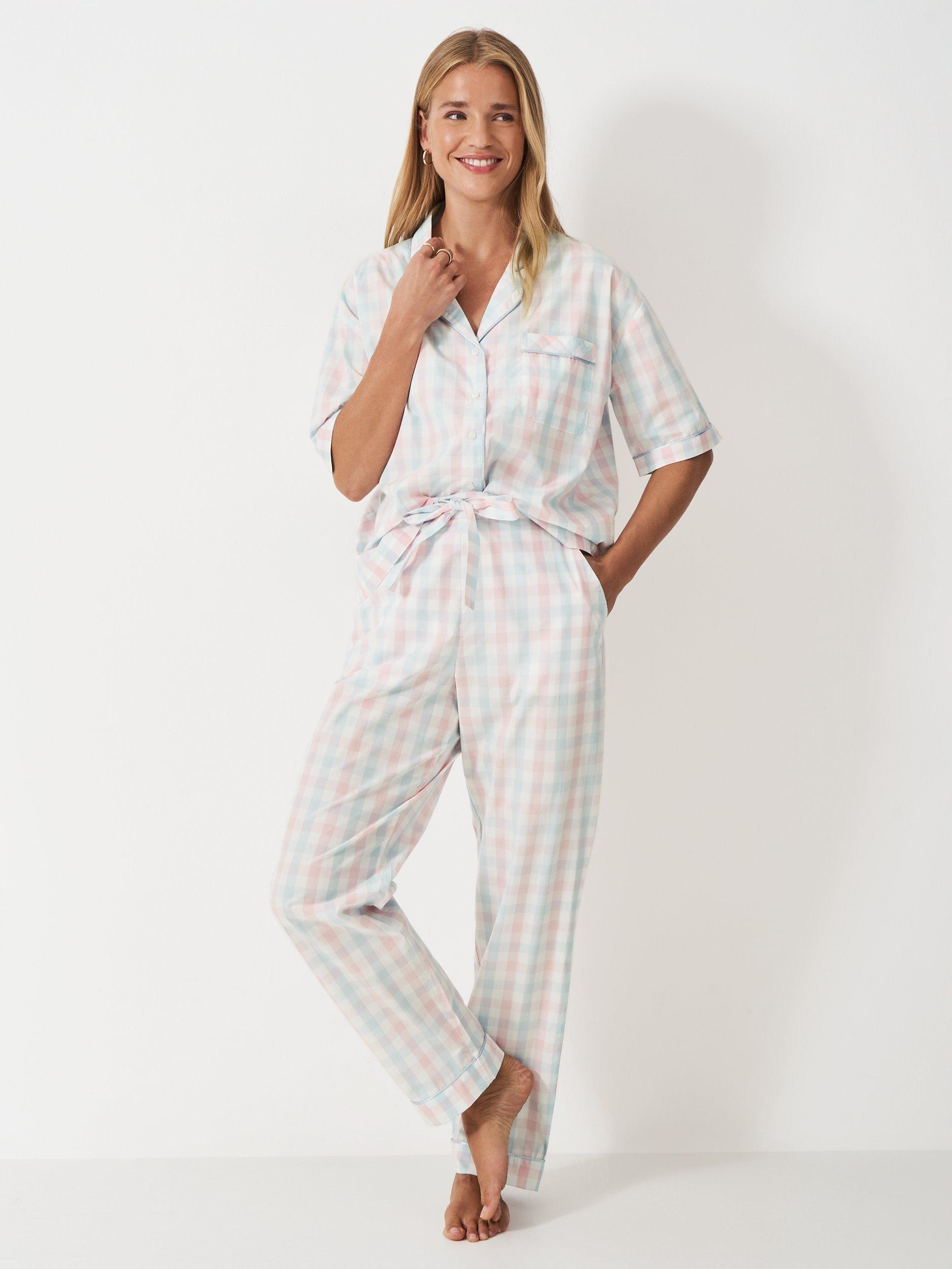 Product image 1 of 5, which shows Crew Clothing Check Short Sleeve Long Pyjama Set, Pink/Multi, L