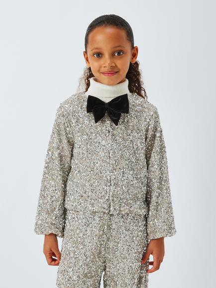 John Lewis Kids' Bow Sequin Jacket, Silver, Black, Silver, Black