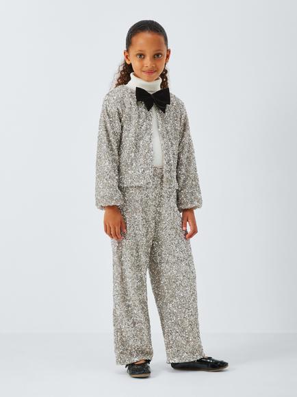 John Lewis Kids' Bow Sequin Jacket, Silver, Black - view 2, Silver, Black