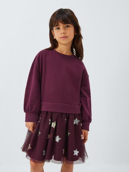 John Lewis Kids' Jersey Star Tulle Dress, Red, Red