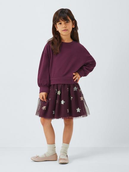 John Lewis Kids' Jersey Star Tulle Dress, Red - view 2, Red