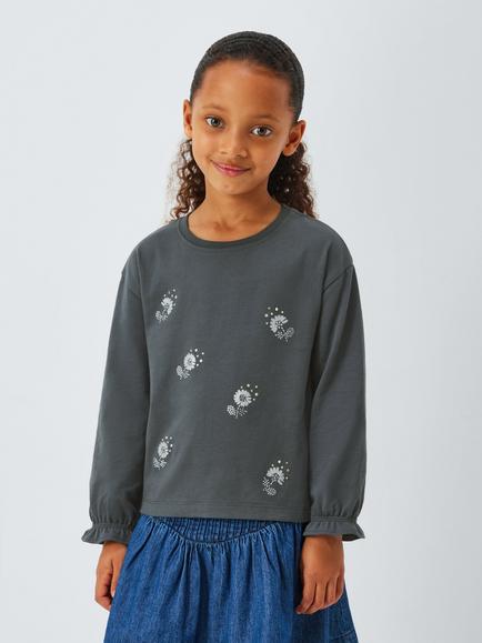 John Lewis Kids' Floral Embellished Jersey Top, Grey, Silver, Grey, Silver