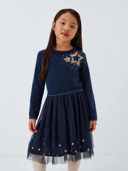 John Lewis Kids' Stars Split Tulle Party Dress, Navy, Navy