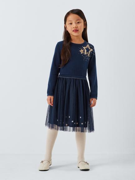 John Lewis Kids' Stars Split Tulle Party Dress, Navy - view 2, Navy