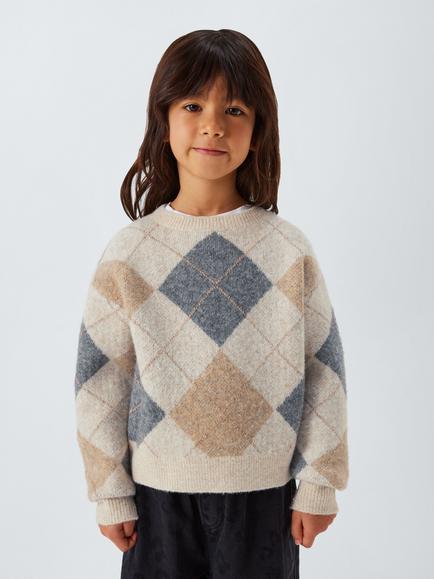 John Lewis Kids' Argyle Crew Neck Jumper, Multi, Multi