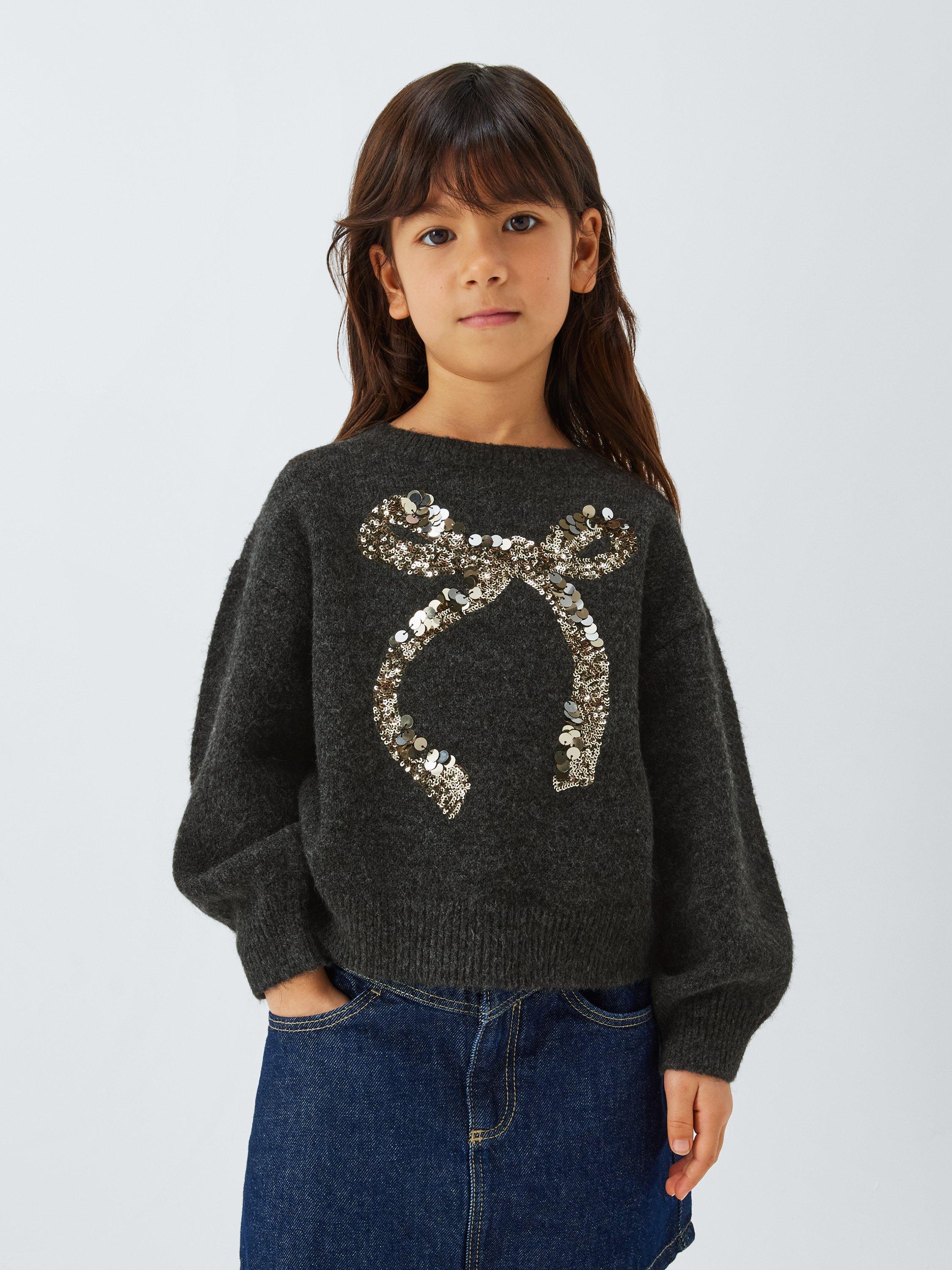 Product image 1 of 7, which shows John Lewis Kids' Sequin Bow Jumper, Grey, 3 years