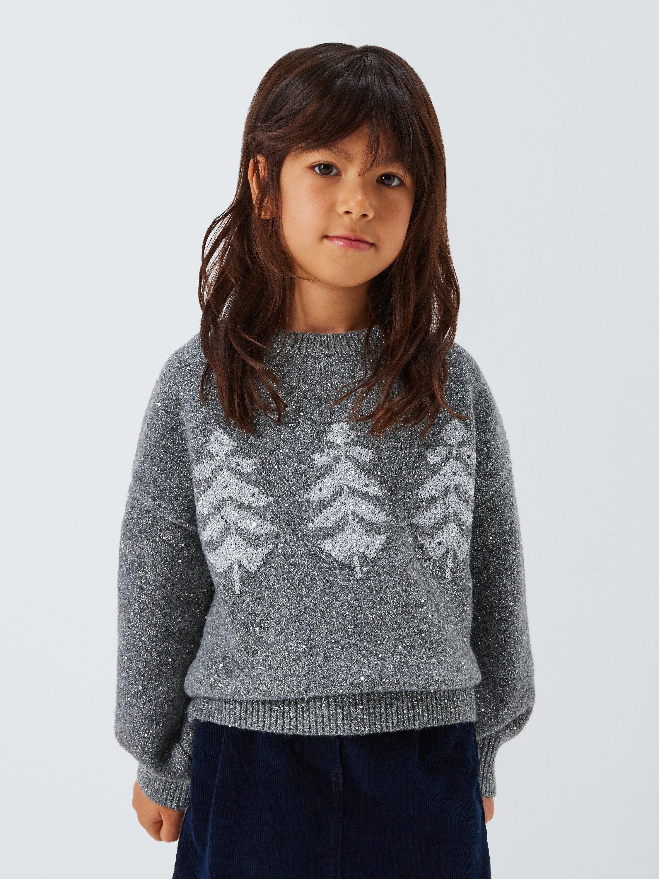 John Lewis Kids' Trees Sparkle Christmas Jumper, Grey