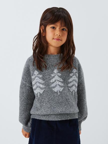 John Lewis Kids' Trees Sparkle Christmas Jumper, Grey, Grey