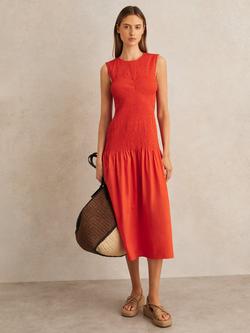 Reiss Petite Annabel Shirred Detail Midi Dress, Red, Red