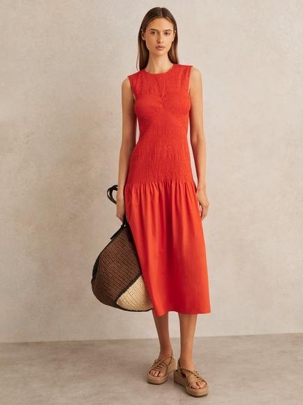 Reiss Petite Annabel Shirred Detail Midi Dress, Red, Red