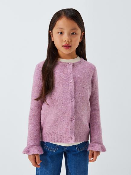 John Lewis Kids' Sequin Frill Cuff Cardigan, Pink, Pink