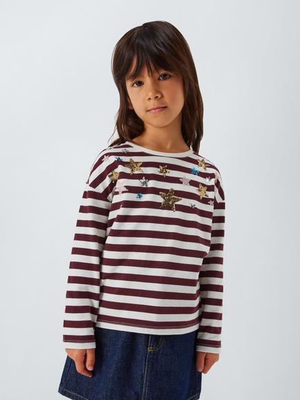 John Lewis Kids' Sequin Star Stripe Top, Red Berry, Red Berry