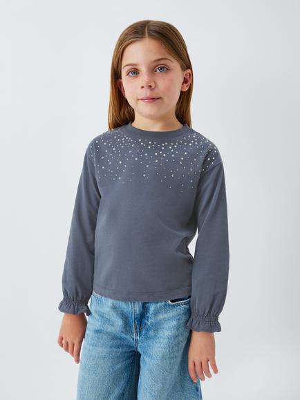 John Lewis Kids' Scattered Rhinestone Long Sleeved Top, Navy, Navy