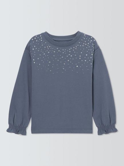 John Lewis Kids' Scattered Rhinestone Long Sleeved Top, Navy - view 2, Navy