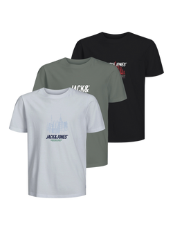 Jack & Jones Kids' York Cotton T-Shirt, Pack of 3, White/Black/Grey, White/Black/Grey