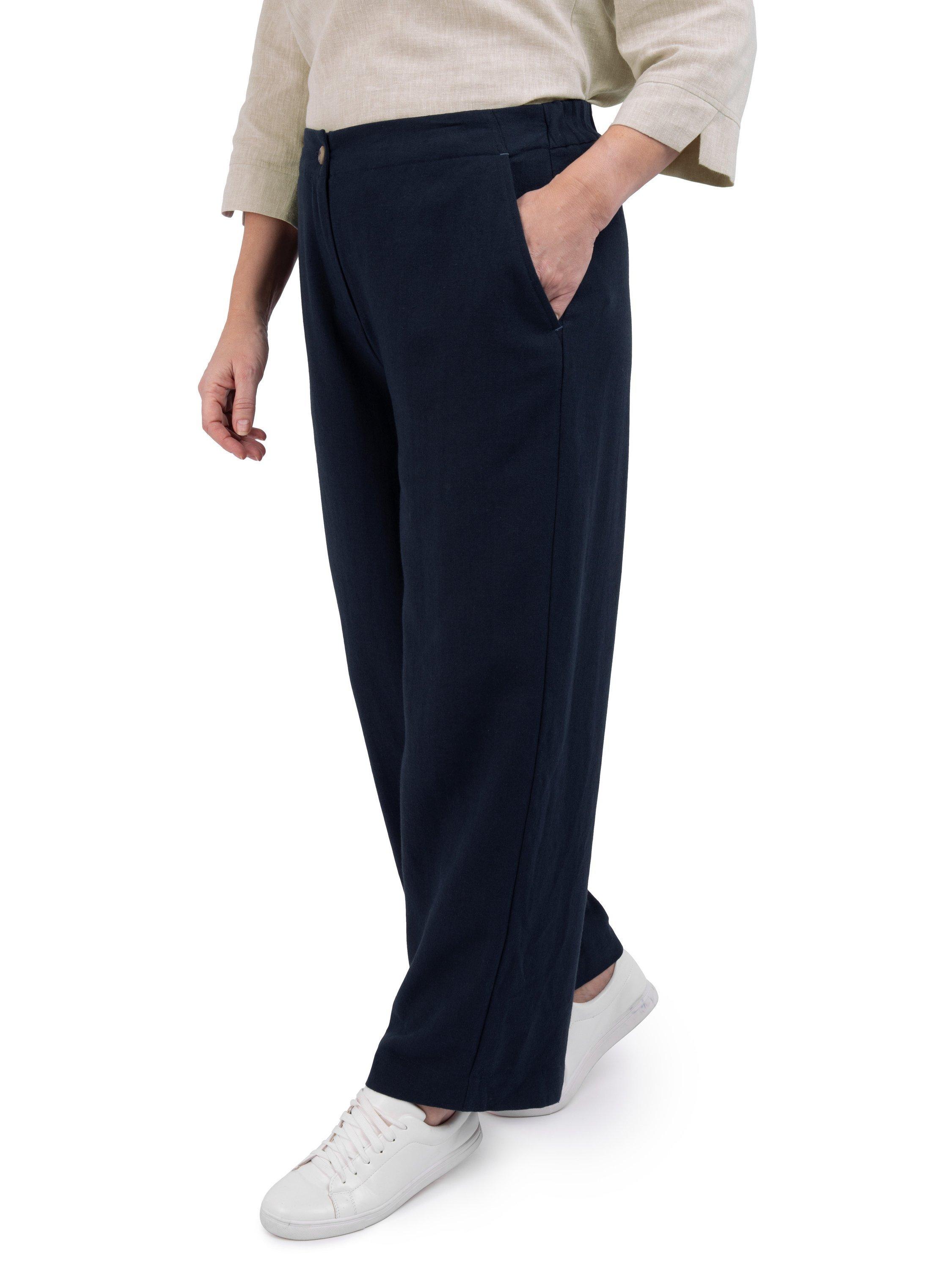 Product image 1 of 6, which shows Rohan Sera Linen Blend Crease-Resistant Wide Leg Trousers, Deep Navy, 8S