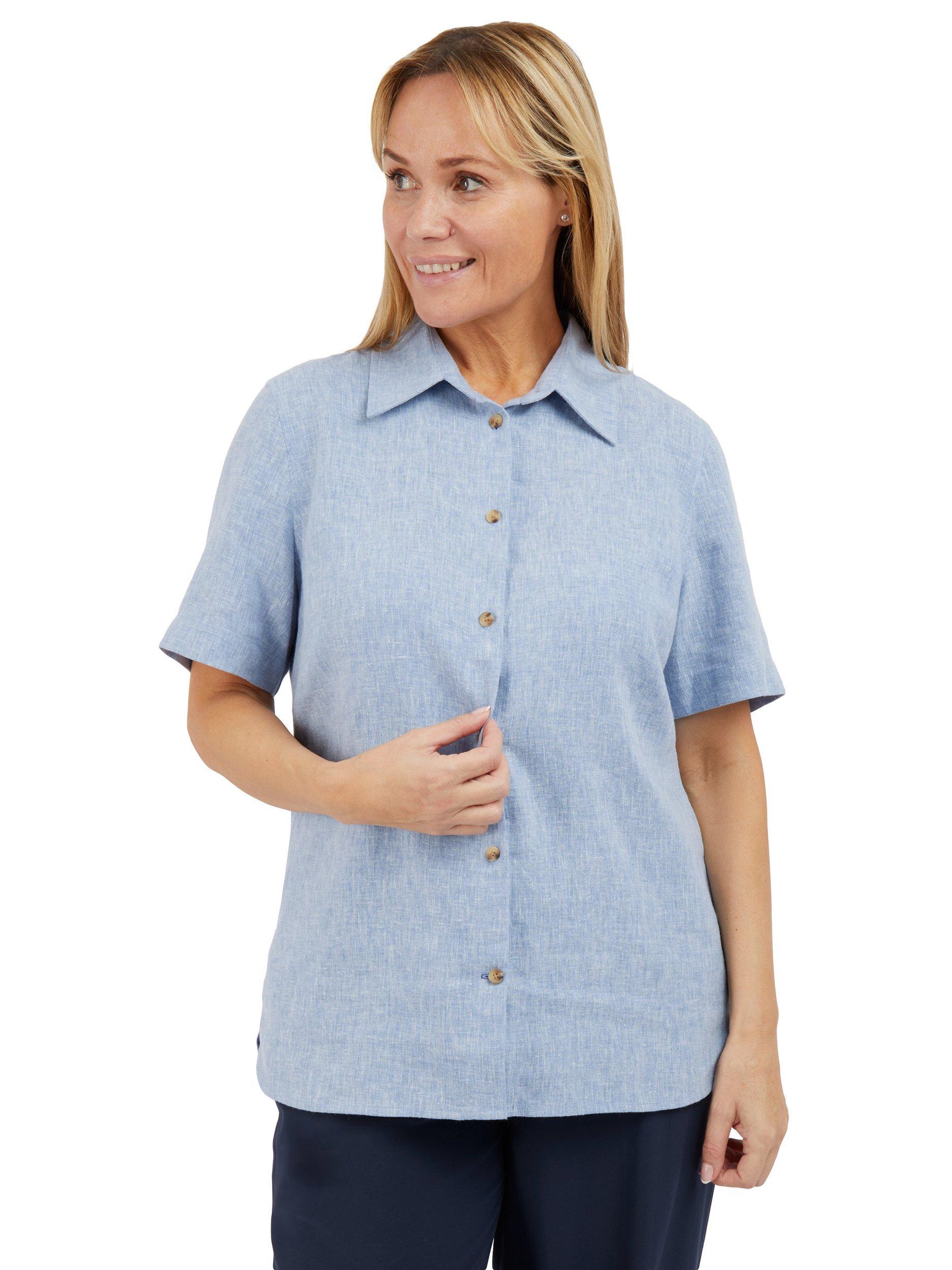 Product image 1 of 6, which shows Rohan Sera Linen Blend Easy Care Short Sleeve Shirt, Chambray Blue, 12