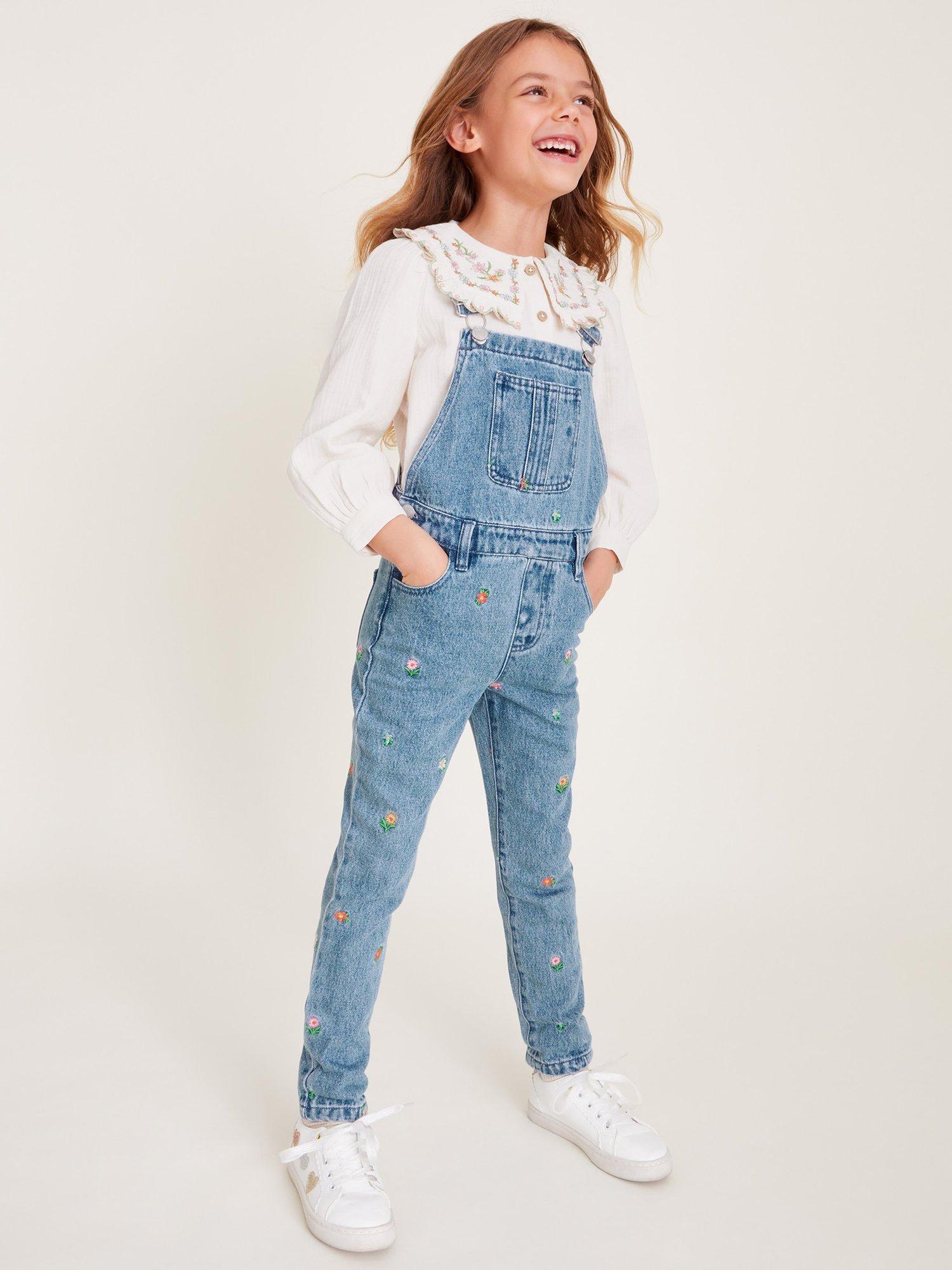 Product image 1 of 4, which shows Monsoon Kids' Floral Dungarees, Blue, 12-13 years