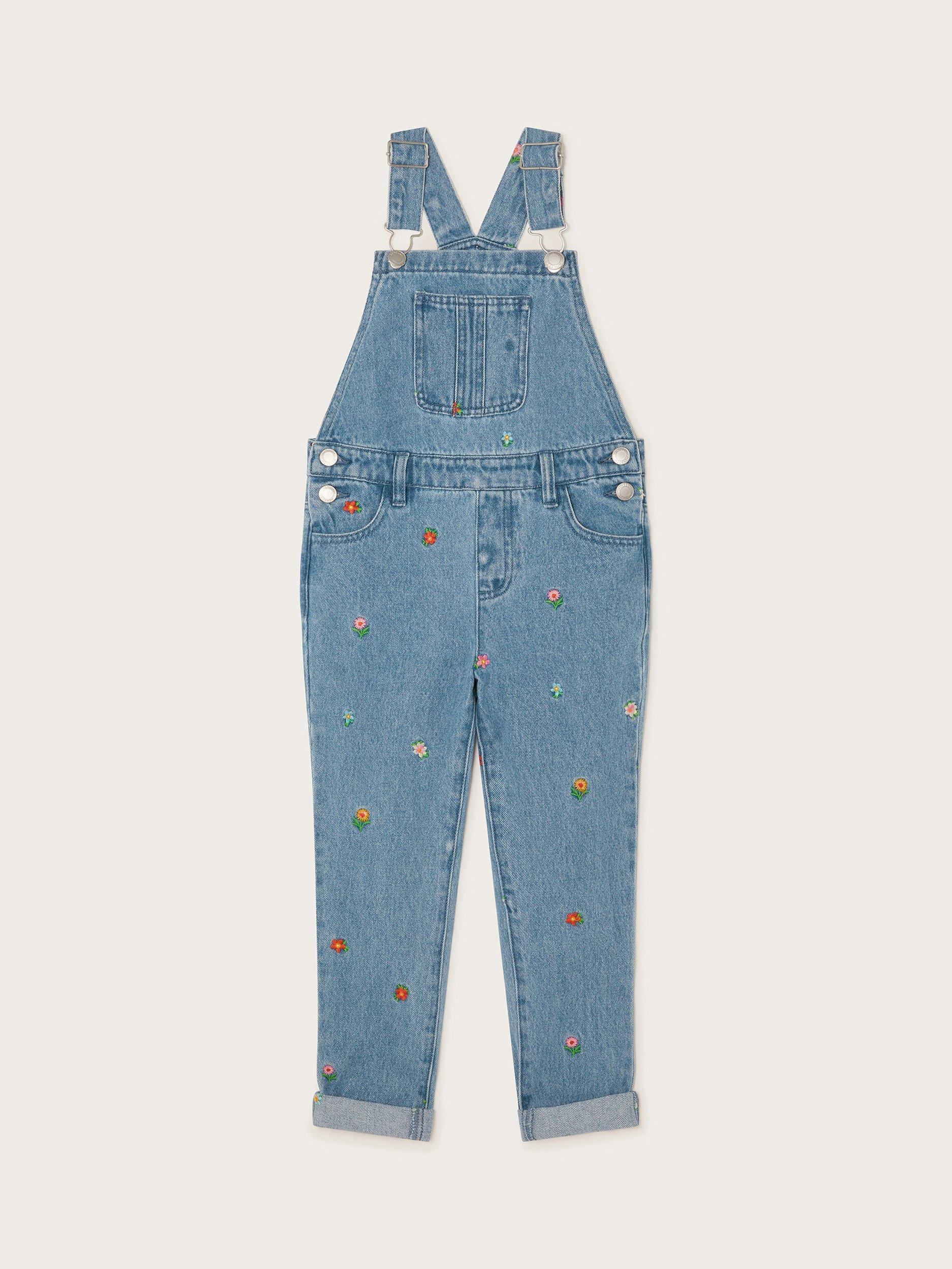 Product image 2 of 4, which shows Monsoon Kids' Floral Dungarees, Blue, 12-13 years