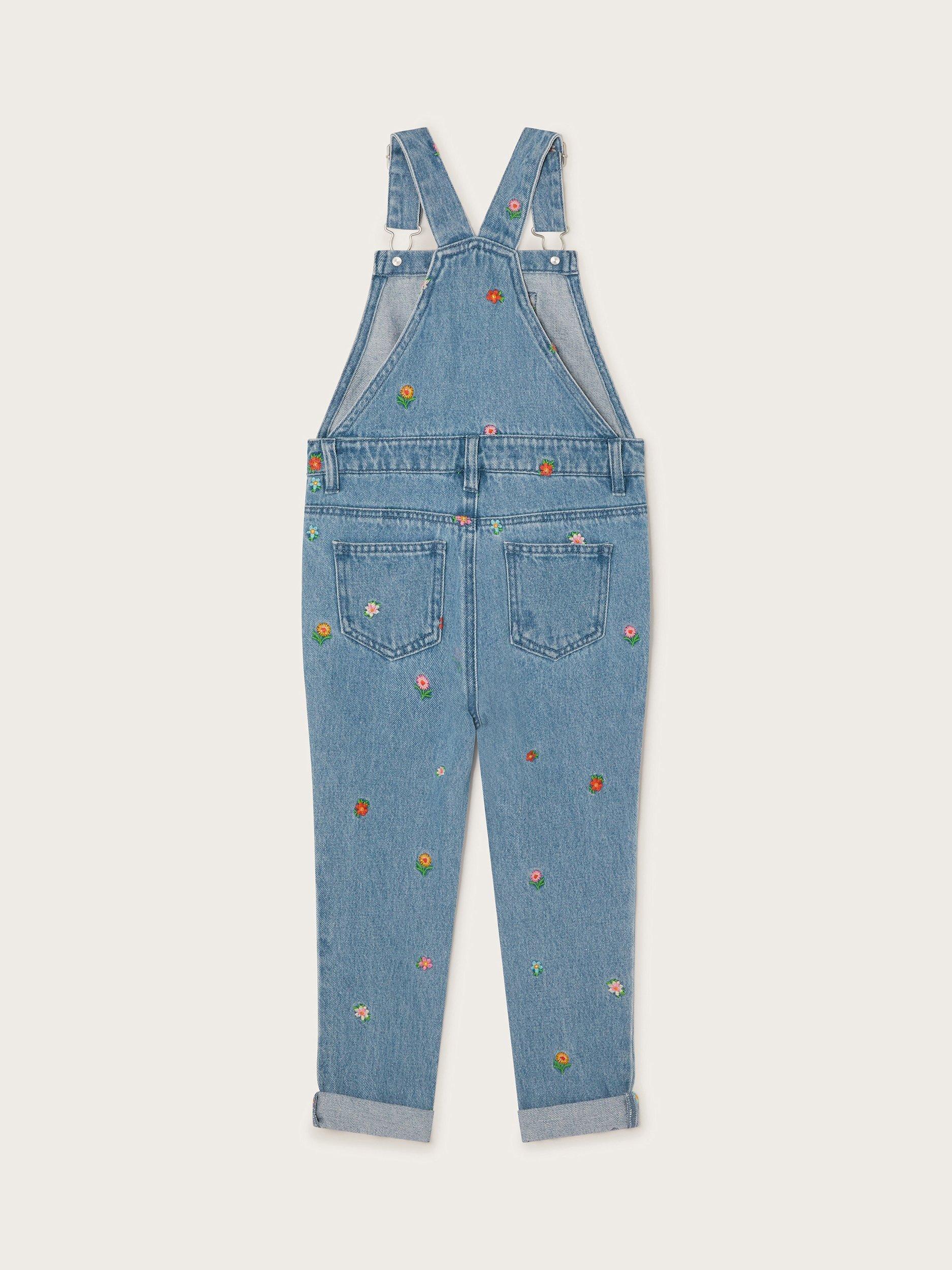 Product image 3 of 4, which shows Monsoon Kids' Floral Dungarees, Blue, 12-13 years