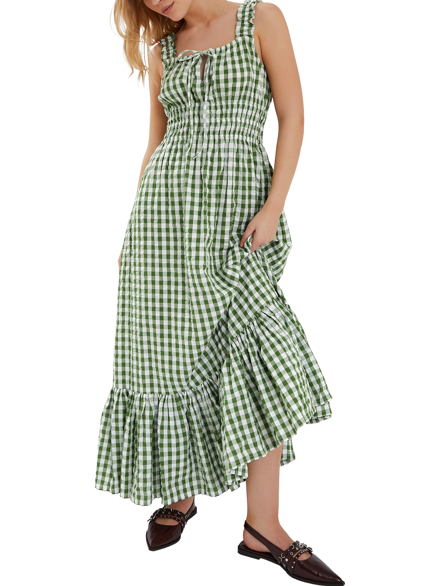 Anduze Belted Check Dress Sサイズ Accessorize Sleeveless Gingham Cotton Maxi Dress, Green