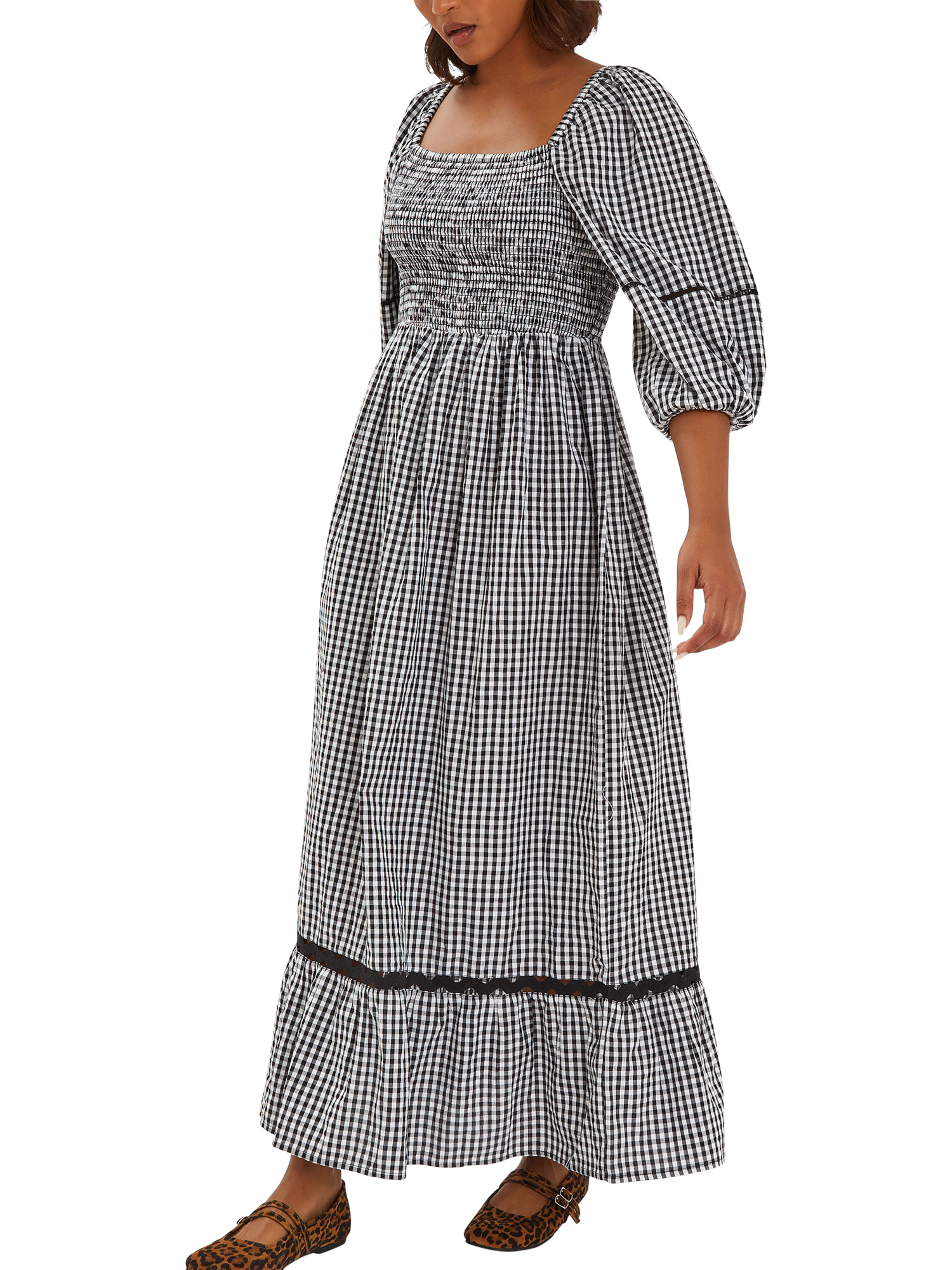 Product image 1 of 4, which shows Accessorize Gingham Puff Sleeve Maxi Dress, Black, S