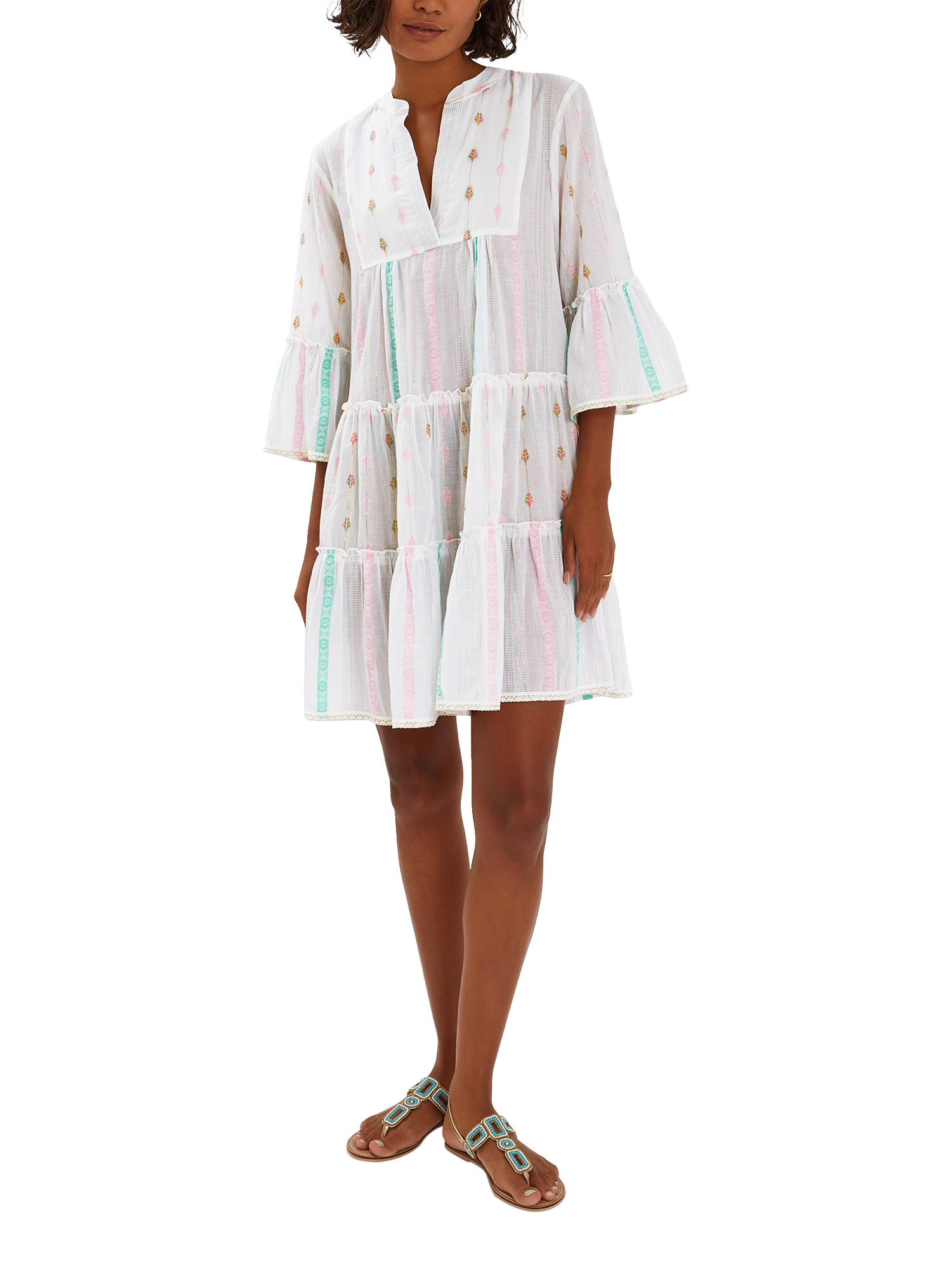Product image 1 of 5, which shows Accessorize Jacquard Stripe Flute Sleeve Mini Dress, White, L