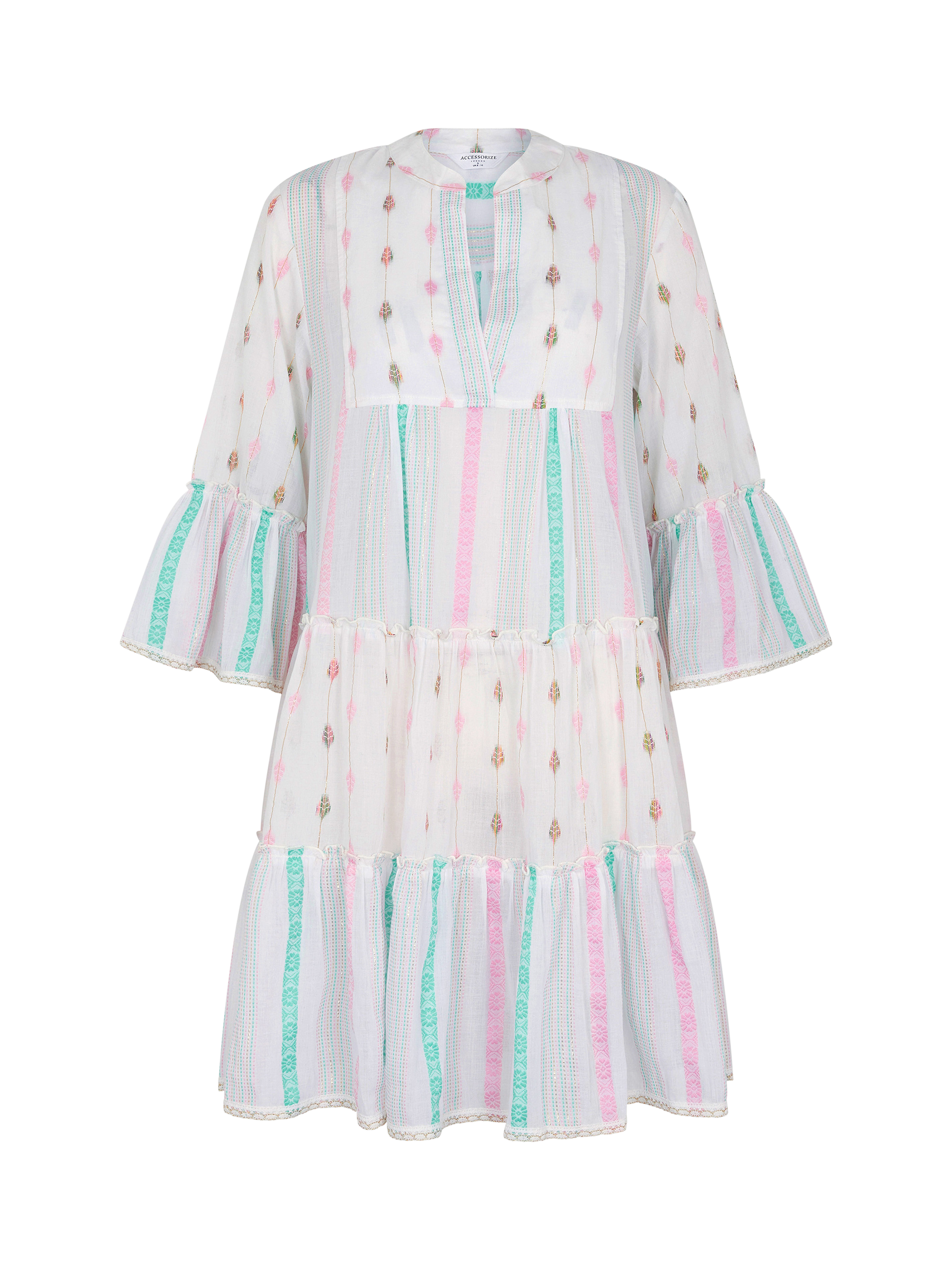 Product image 3 of 5, which shows Accessorize Jacquard Stripe Flute Sleeve Mini Dress, White, L