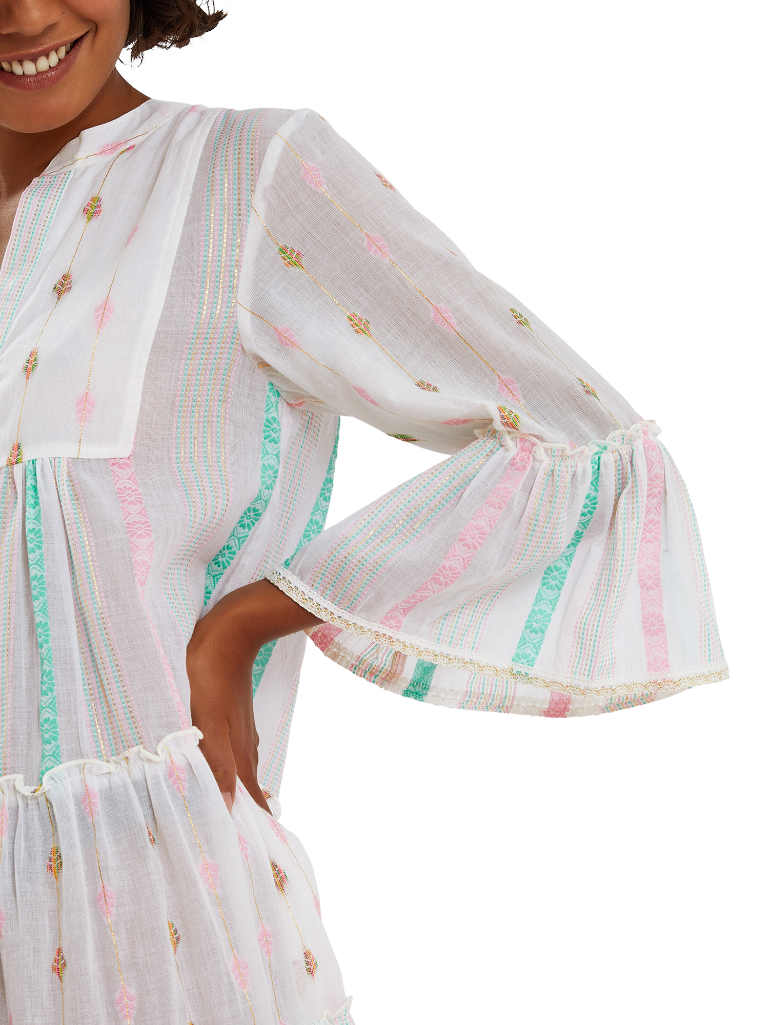Product image 4 of 5, which shows Accessorize Jacquard Stripe Flute Sleeve Mini Dress, White, L