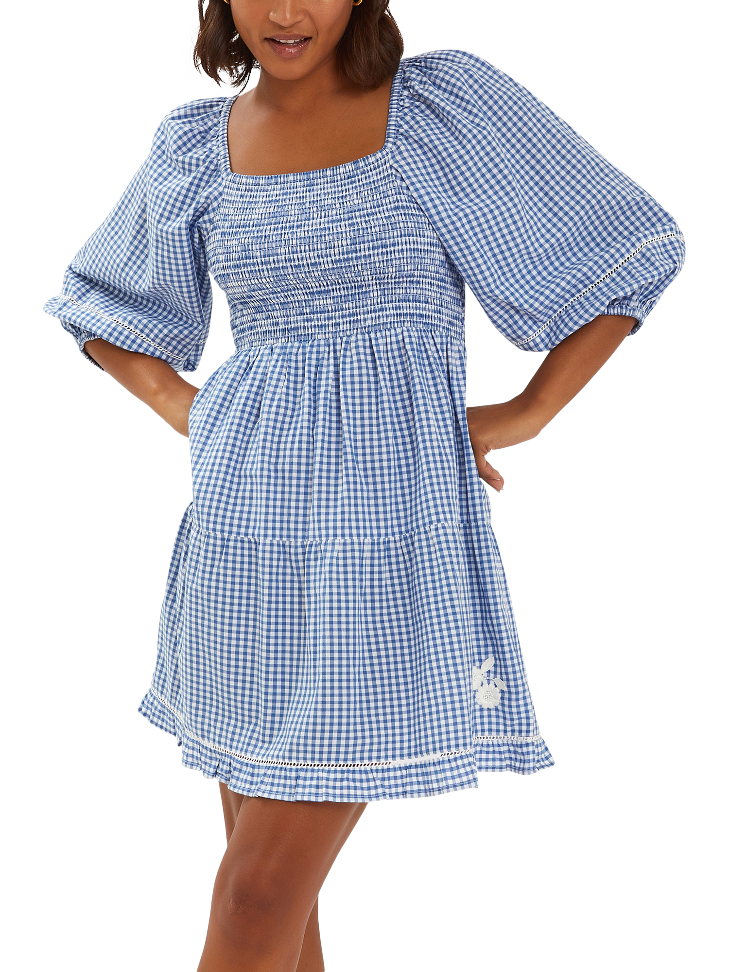 Product image 1 of 4, which shows Accessorize Puff-Sleeve Gingham Mini Dress, Blue, S