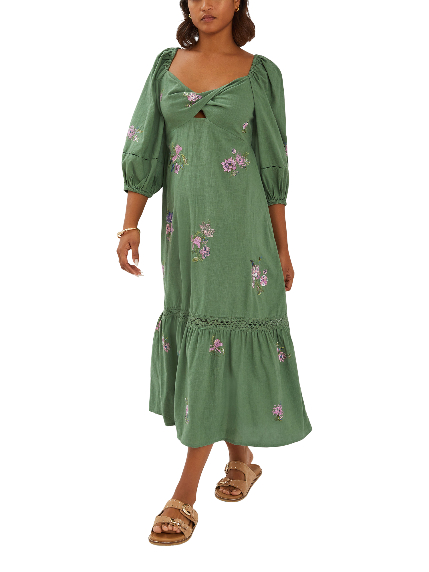 Product image 1 of 4, which shows Accessorize Jasmine Embroidered Midi Dress, Khaki, S