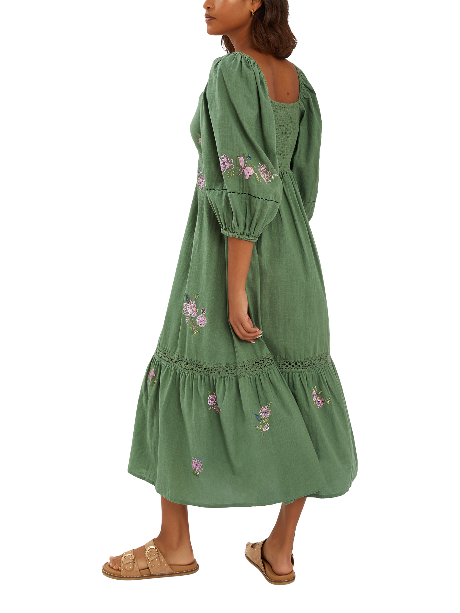 Product image 2 of 4, which shows Accessorize Jasmine Embroidered Midi Dress, Khaki, S