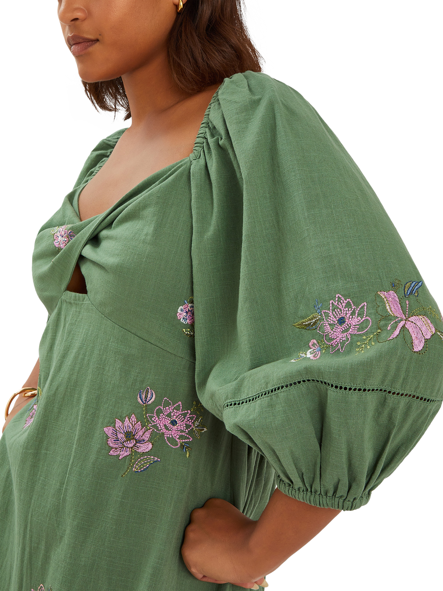 Product image 4 of 4, which shows Accessorize Jasmine Embroidered Midi Dress, Khaki, S