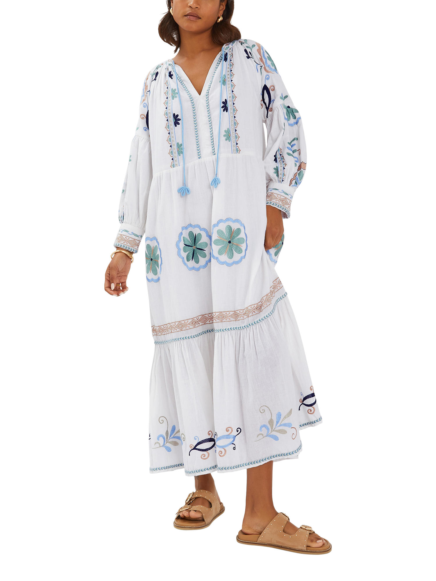 Accessorize Long-Sleeve Embroidered Maxi Dress, White