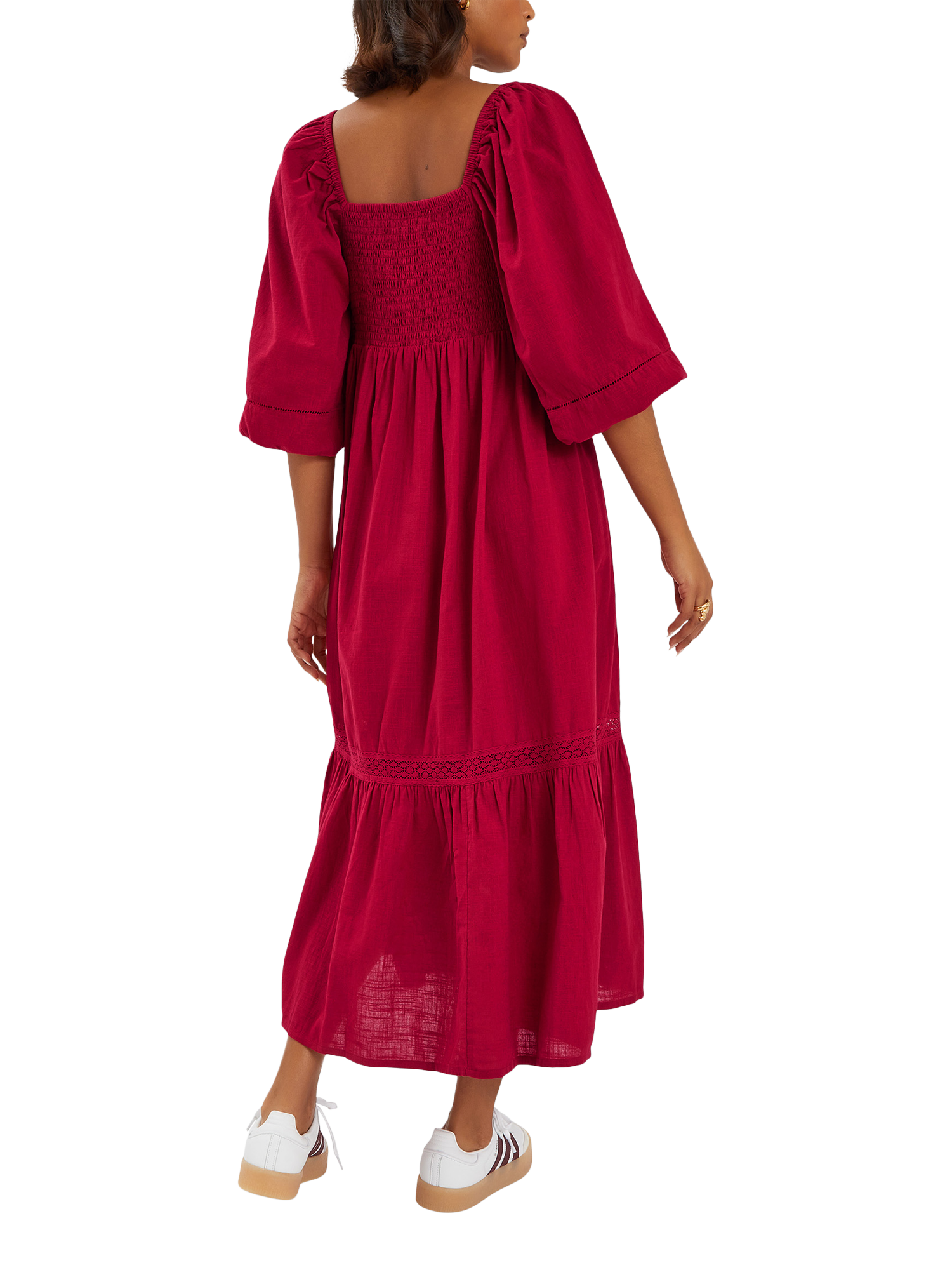 Product image 2 of 4, which shows Accessorize Twist Puff-Sleeve Midi Dress, Red, S