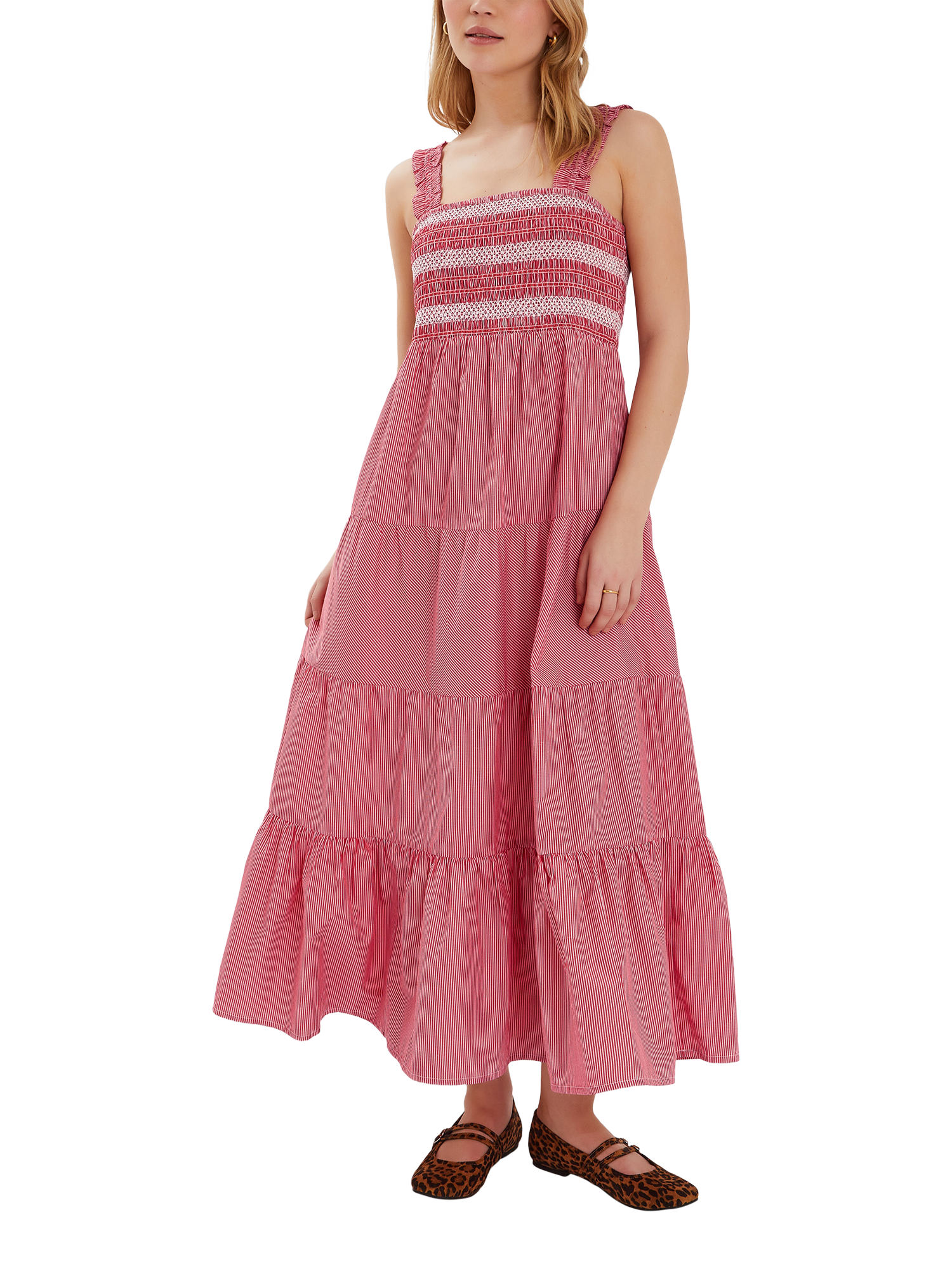Product image 1 of 4, which shows Accessorize Stripe Smocked Maxi Dress, Red, S