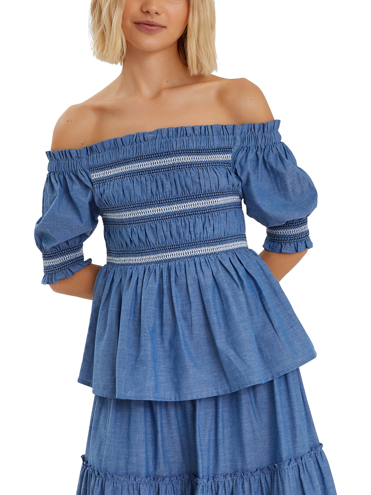 Product image 1 of 4, which shows Accessorize Off-The-Shoulder Smocked Top, Blue, L