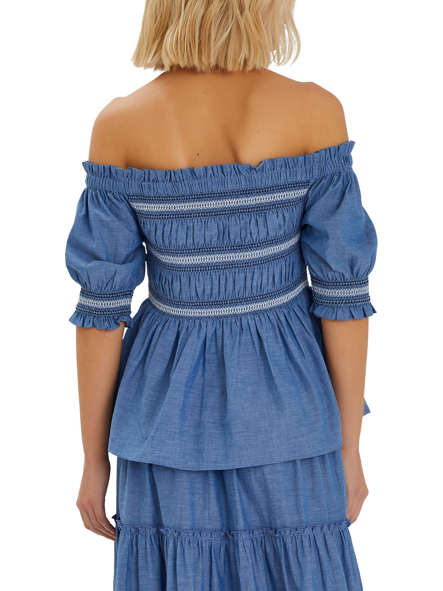 Product image 2 of 4, which shows Accessorize Off-The-Shoulder Smocked Top, Blue, L