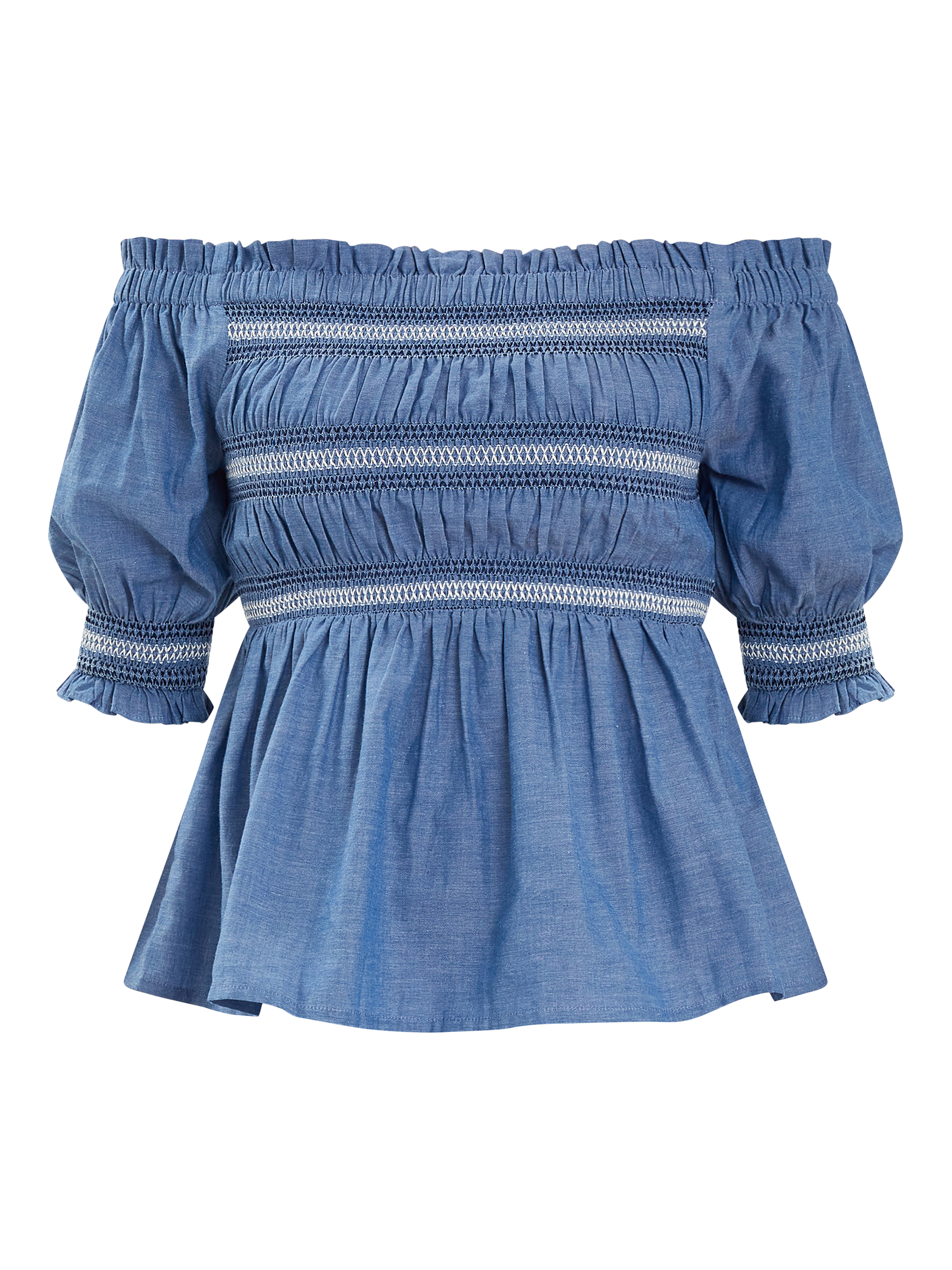 Product image 3 of 4, which shows Accessorize Off-The-Shoulder Smocked Top, Blue, L