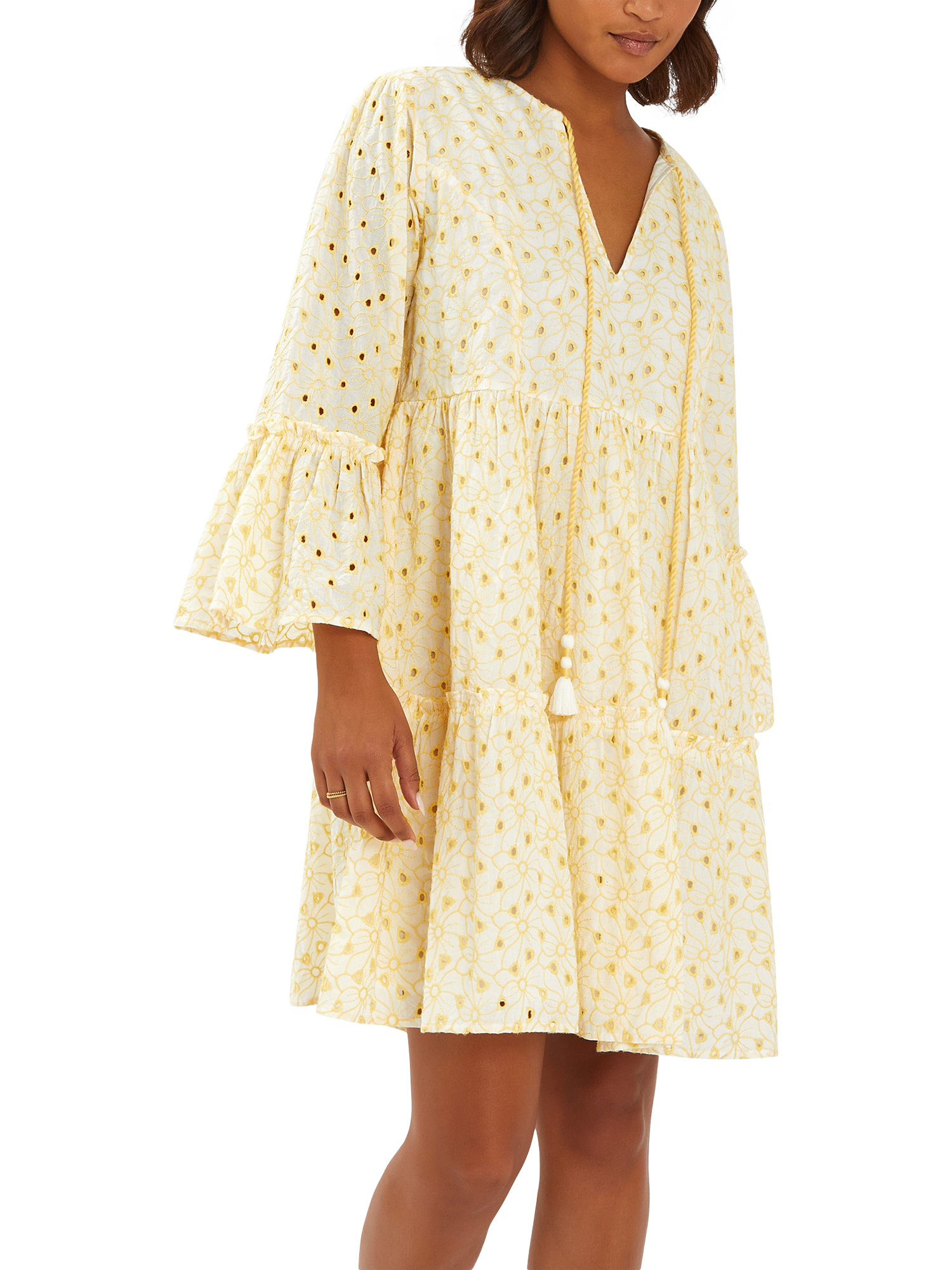Product image 1 of 4, which shows Accessorize Broderie Flute-Sleeve Mini Dress, Yellow, S