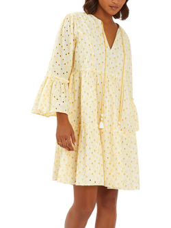 Accessorize Broderie Flute-Sleeve Mini Dress, Yellow, Yellow