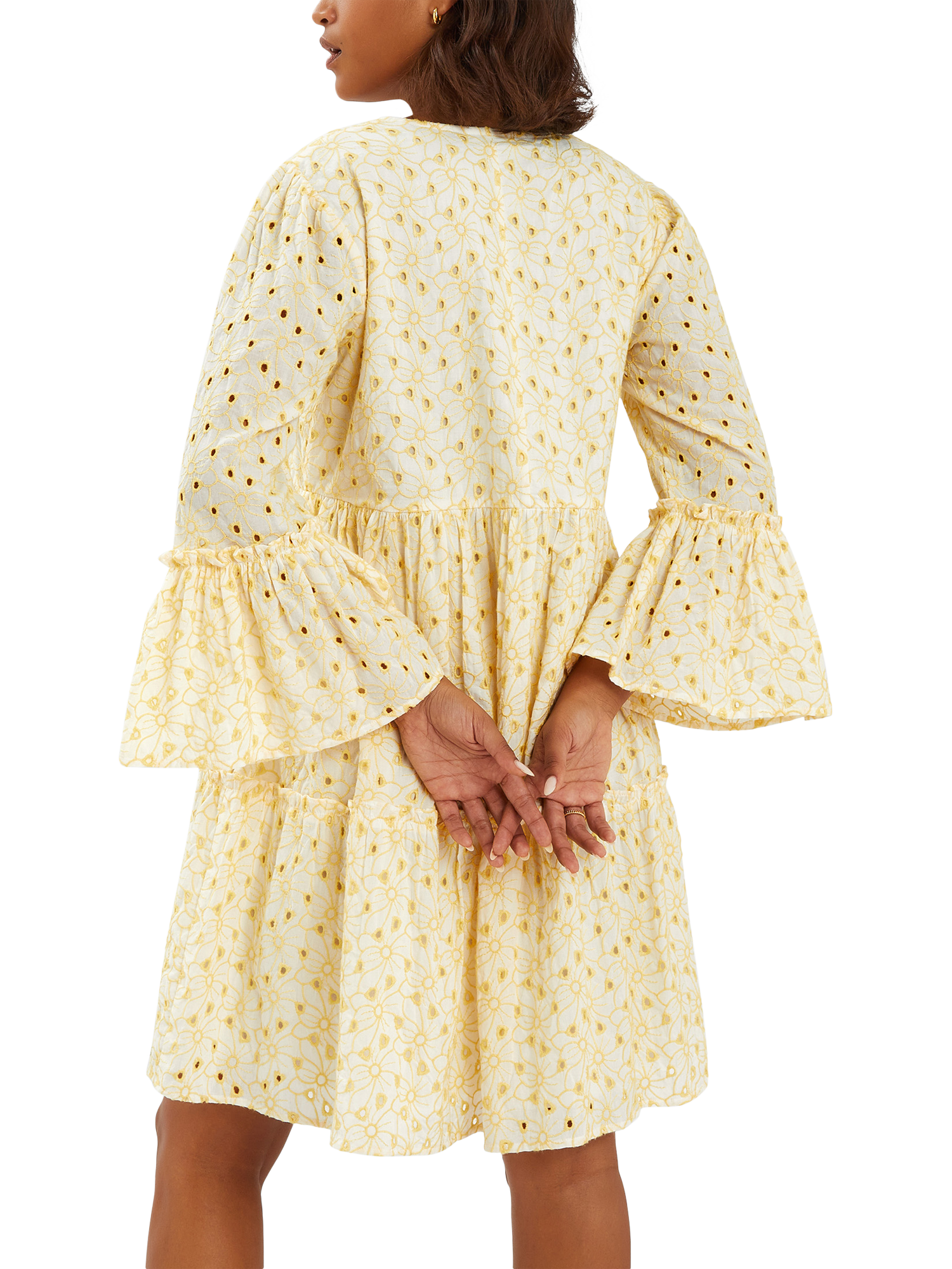 Product image 2 of 4, which shows Accessorize Broderie Flute-Sleeve Mini Dress, Yellow, S