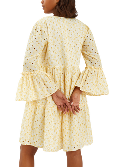 Accessorize Broderie Flute-Sleeve Mini Dress, Yellow - view 2, Yellow