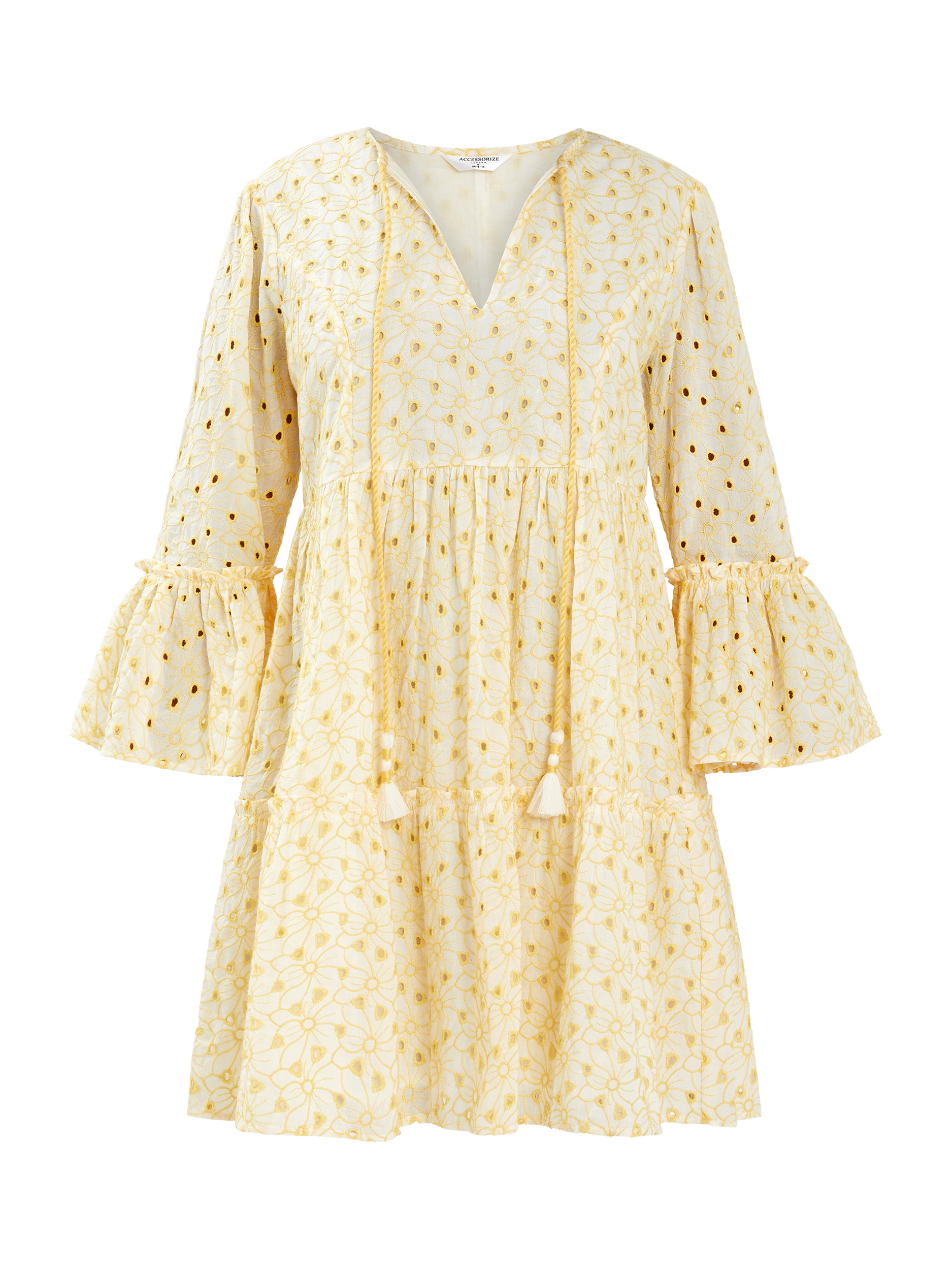 Product image 3 of 4, which shows Accessorize Broderie Flute-Sleeve Mini Dress, Yellow, S