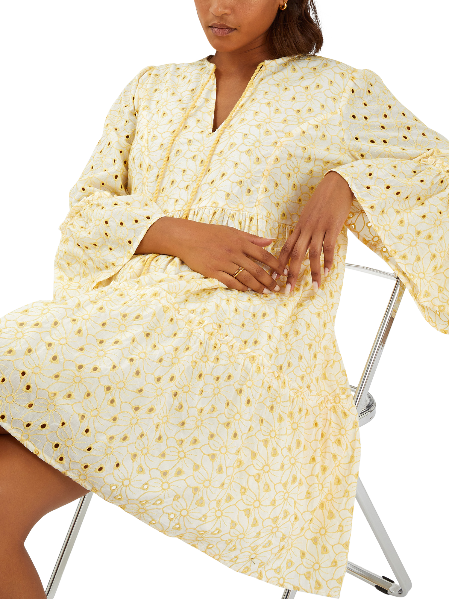 Product image 4 of 4, which shows Accessorize Broderie Flute-Sleeve Mini Dress, Yellow, S